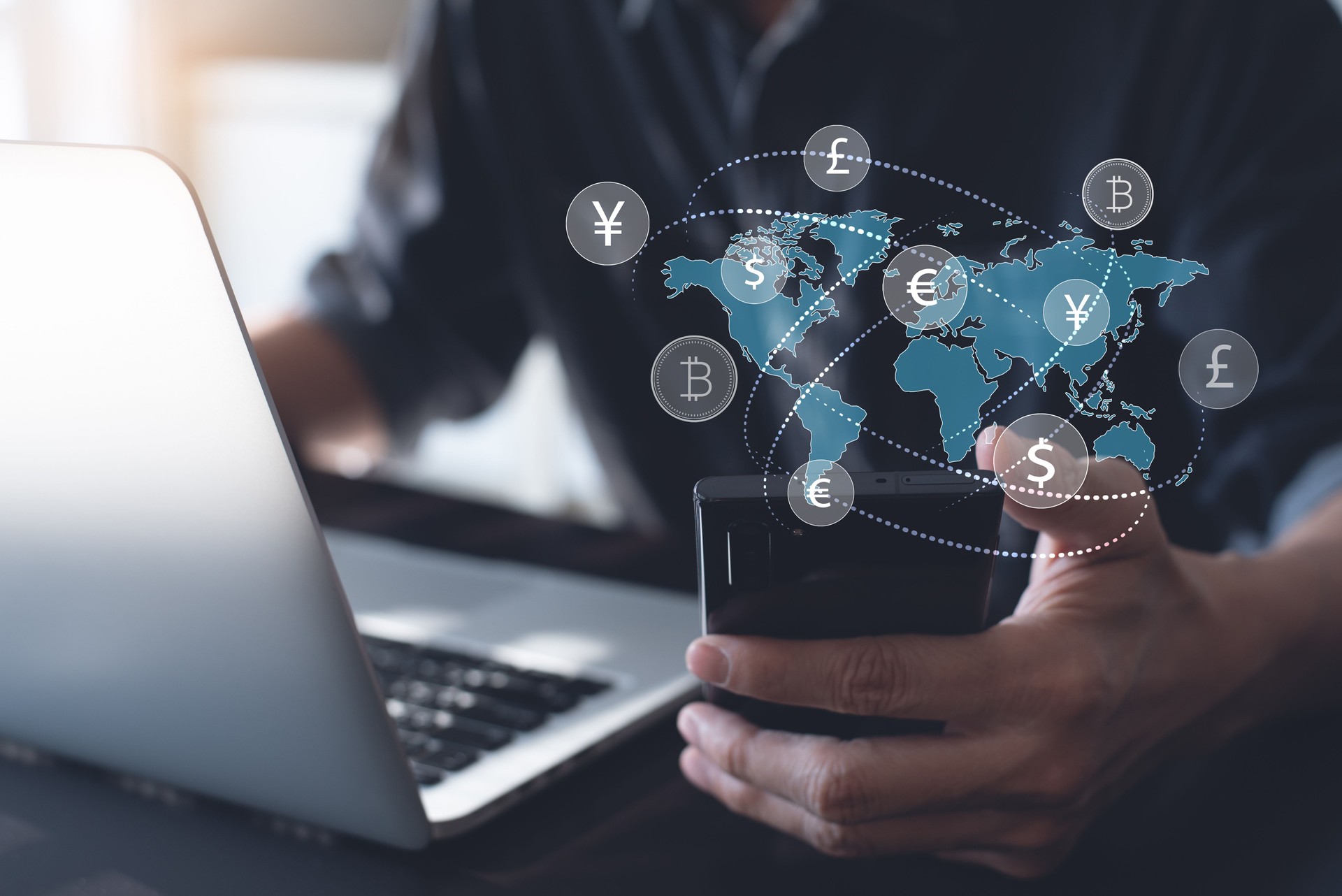 Currency exchange, money transfer, Global Business, FinTech financial technology, online banking, interbank payment concept.