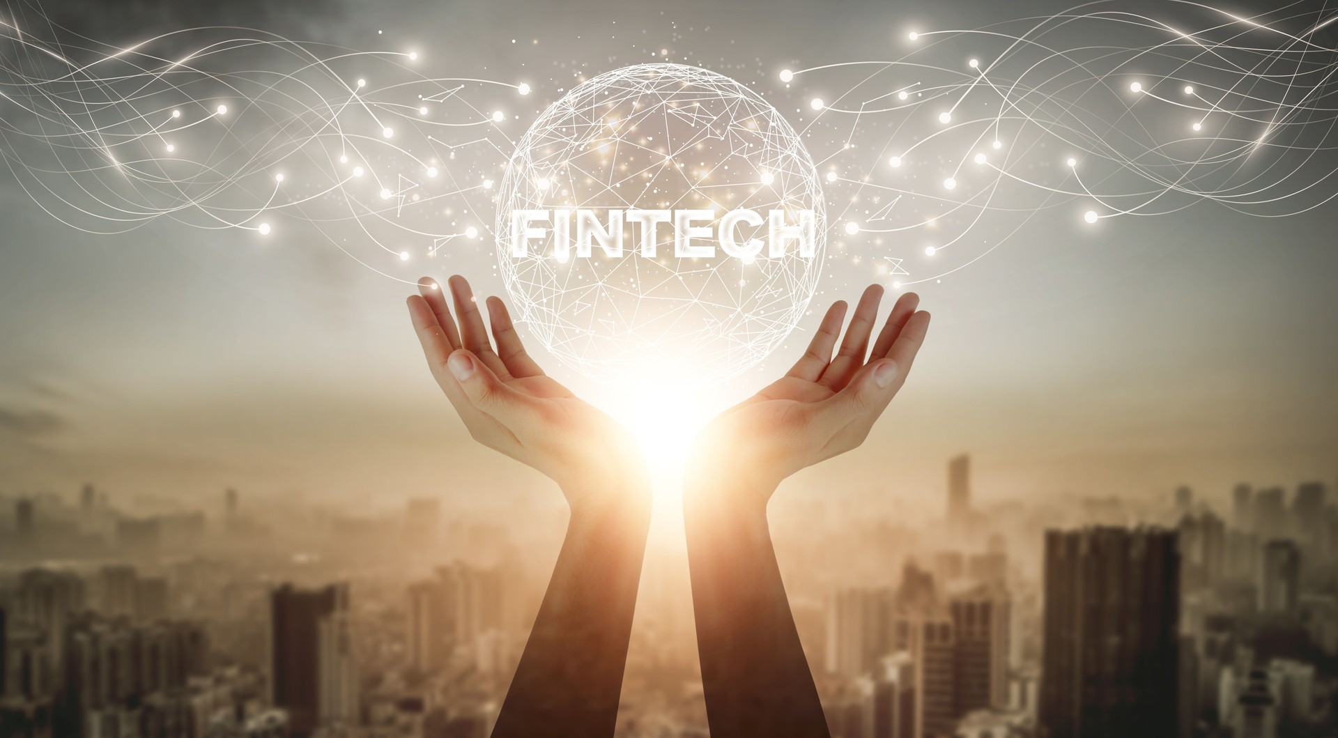 Fintech entrepreneur showcasing global network and fintech connections against a city backdrop, illustrating advanced financial technology in an interconnected and digitized world