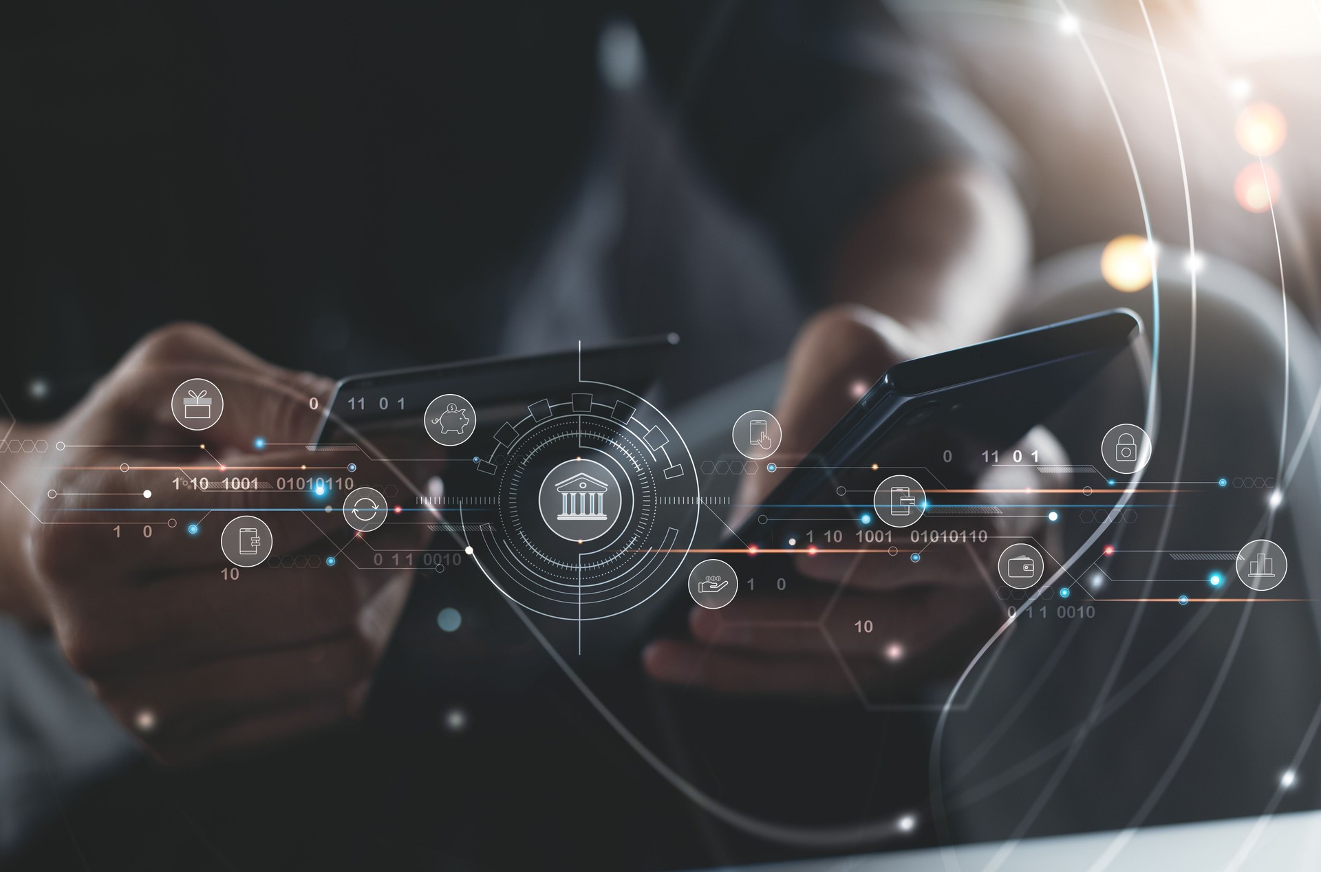Mobile banking network, online payment, digital marketing. Business people using mobile phone with credit card and icon network connection on virtual screen